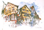 Blick in die Metzgergasse in Aschaffenburg, Aquarell, Zeichenstifte
