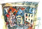 Blick aus dem Rathaus in Aschaffenburg, Aquarell, Zeichenstifte